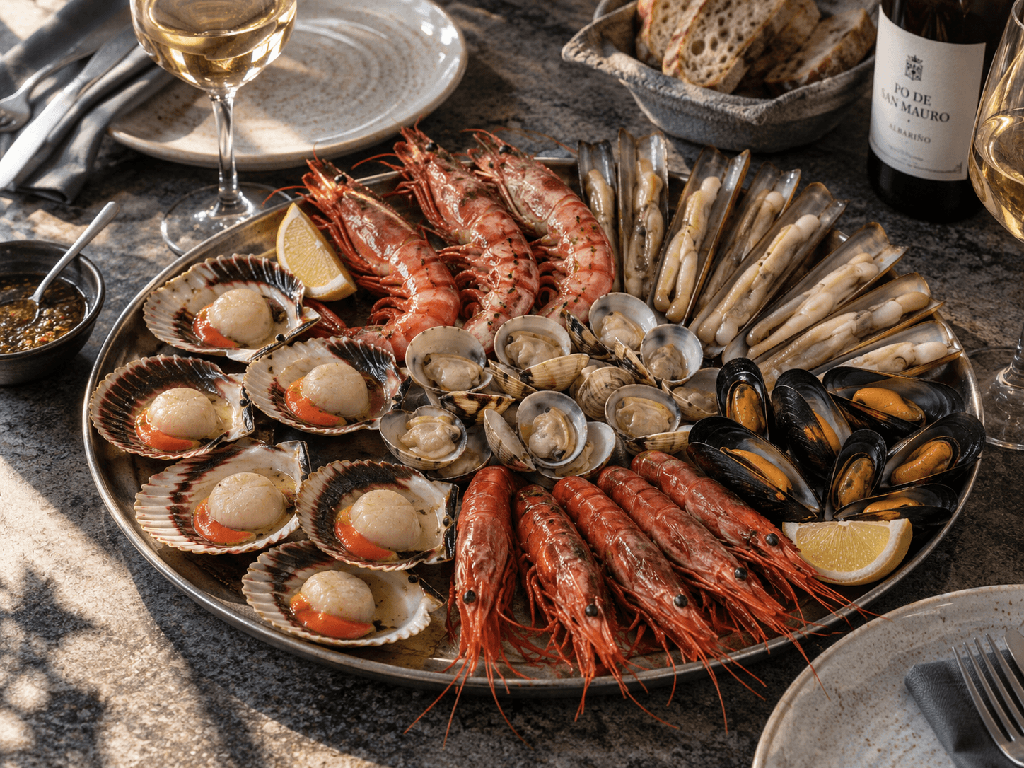 Mariscada a domicilio con zamburiñas, gambas, langostinos y marisco gallego