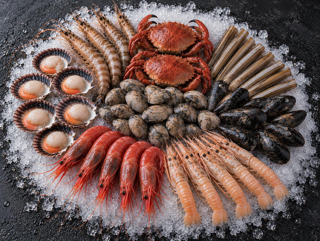 Mariscada con zamburiñas, gamba de Huelva, langostino y cigala grillo